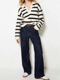 Striped Johnny Collar Long Sleeve Sweater - Trendsi - Flyclothing LLC