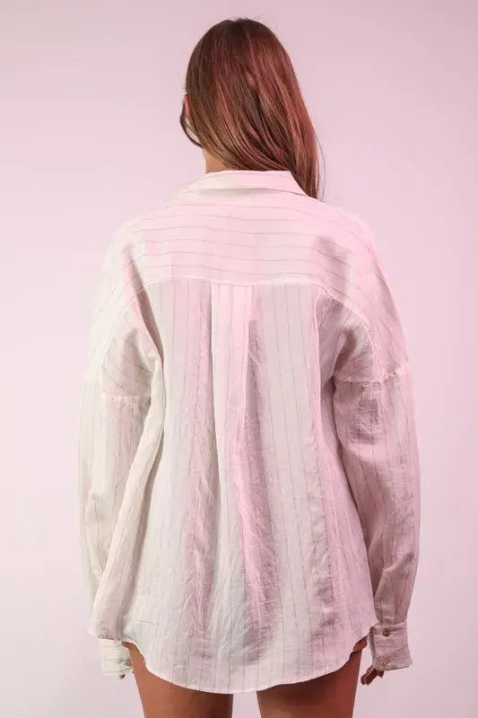 VERY J Oversized Striped Button Down Shirt Top - Trendsi - Flyclothing LLC