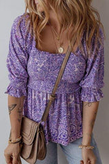 Printed Square Neck Half Sleeve Blouse - Trendsi - Flyclothing LLC
