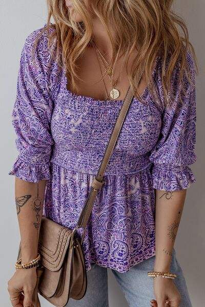 Printed Square Neck Half Sleeve Blouse - Trendsi - Flyclothing LLC