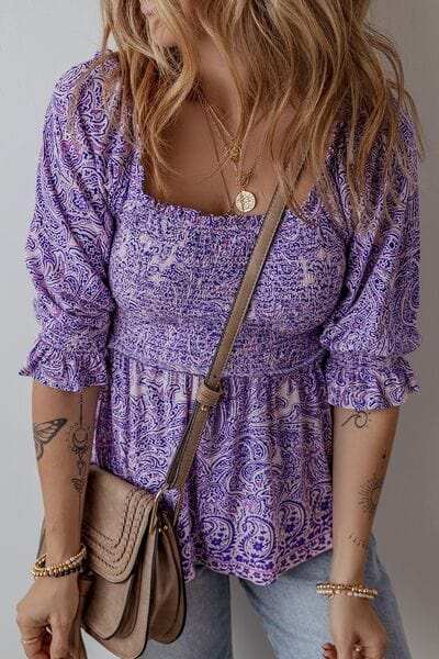 Printed Square Neck Half Sleeve Blouse - Trendsi - Flyclothing LLC