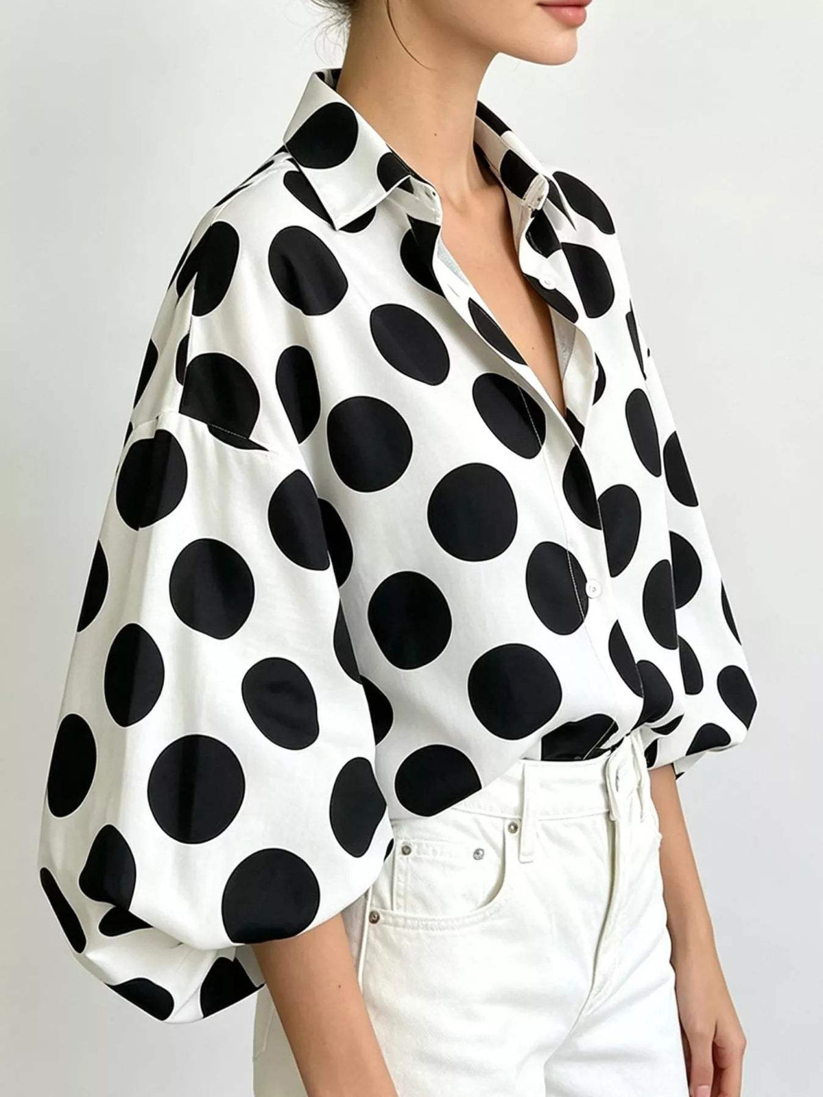 Polka Dot Puff Sleeve Shirt - Trendsi - Flyclothing LLC