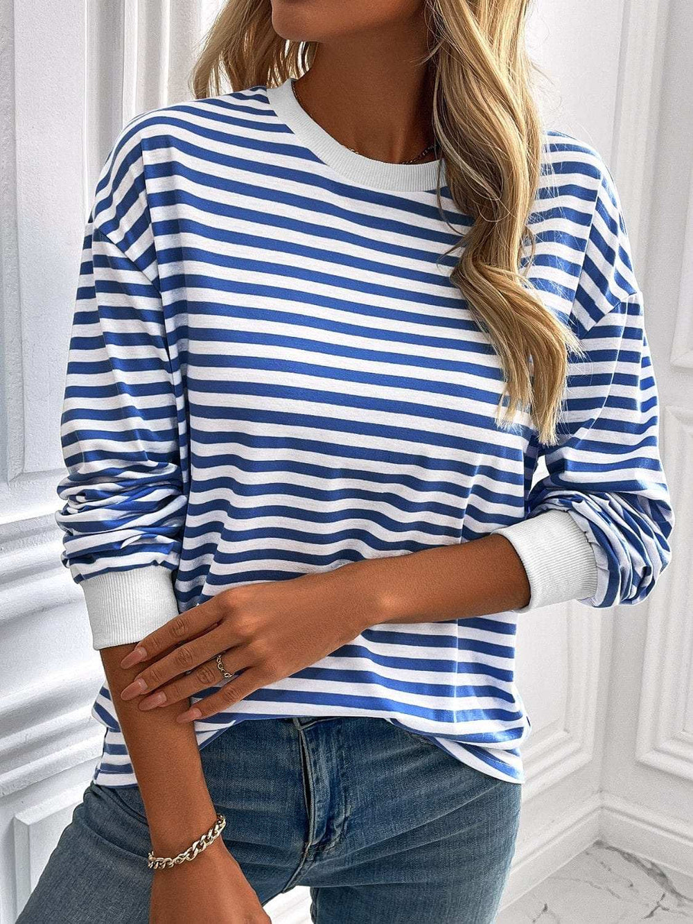 Ivy Lane Striped Round Neck Long Sleeve Sweatshirt - Trendsi - Flyclothing LLC