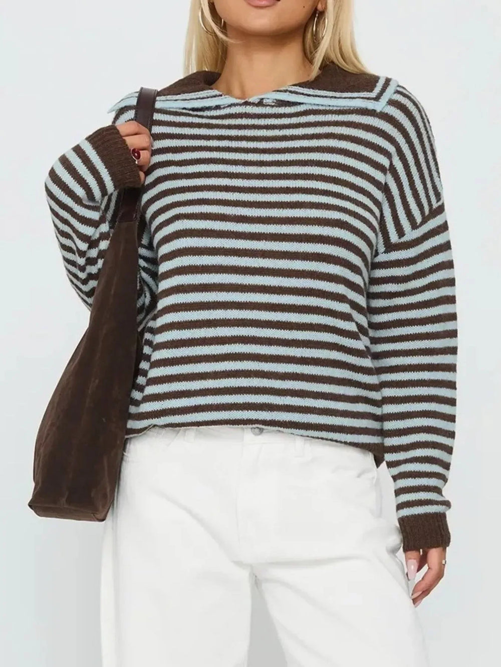 Striped Knit Dropped Shoulder Sweater - Trendsi - Flyclothing LLC