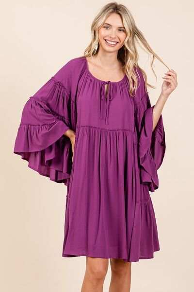 Mittoshop Frill Tie Neck Bell Sleeve Dress - Trendsi - Flyclothing LLC