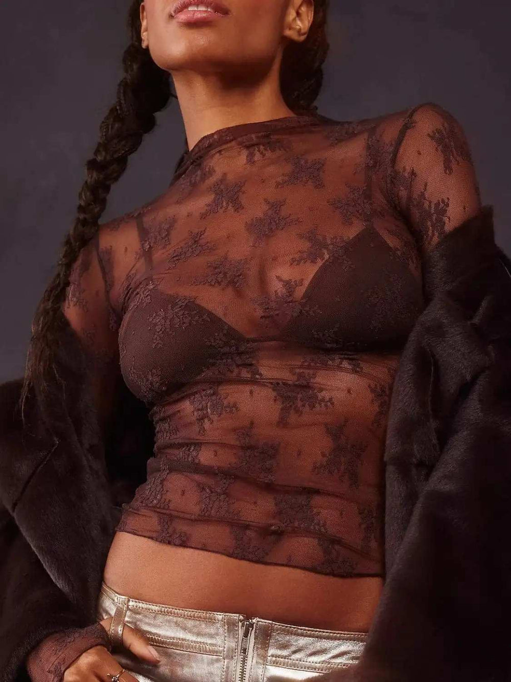 Lace Mock Neck Long Sleeve Blouse - Trendsi - Flyclothing LLC