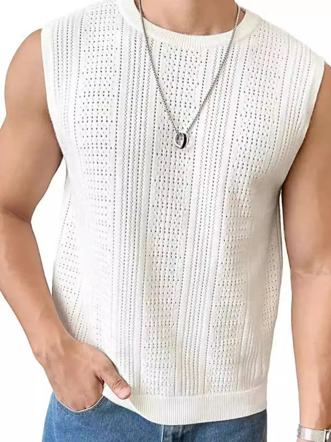 Men's Full Size Eyelet Round Neck Tank Plus Size - Trendsi - Flyclothing LLC