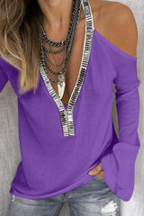 Sequin V-Neck Cold Shoulder Top - Trendsi - Flyclothing LLC