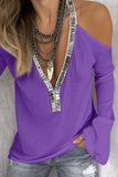 Sequin V-Neck Cold Shoulder Top - Trendsi