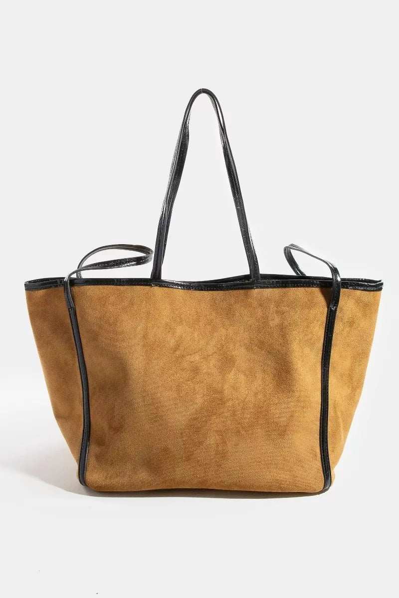 Fame Suede Tote Faux Leather Trim Shoulder Strap - Trendsi - Flyclothing LLC