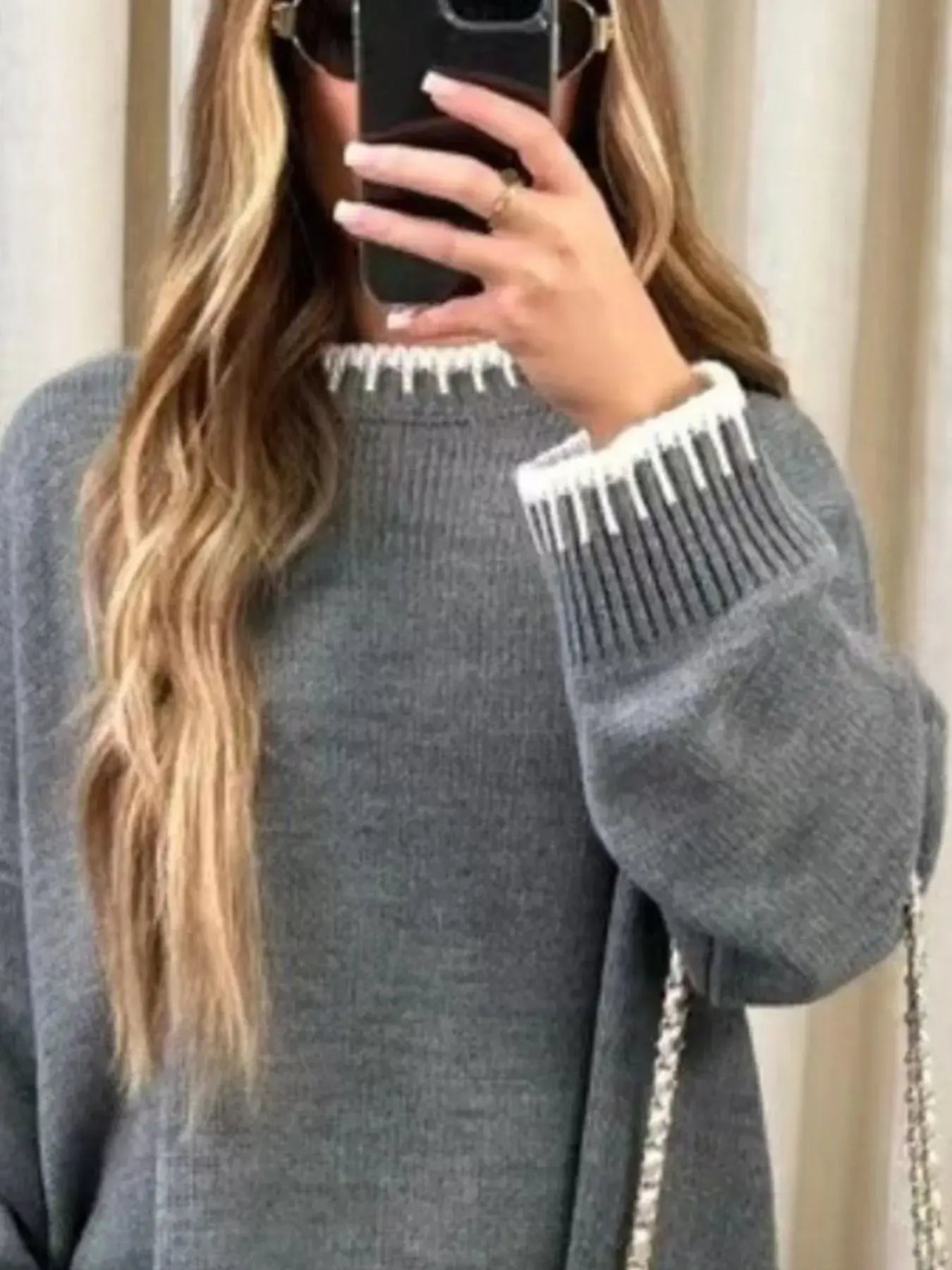 Contrast Trim Round Neck Top and Pants Sweater Set - Trendsi - Flyclothing LLC