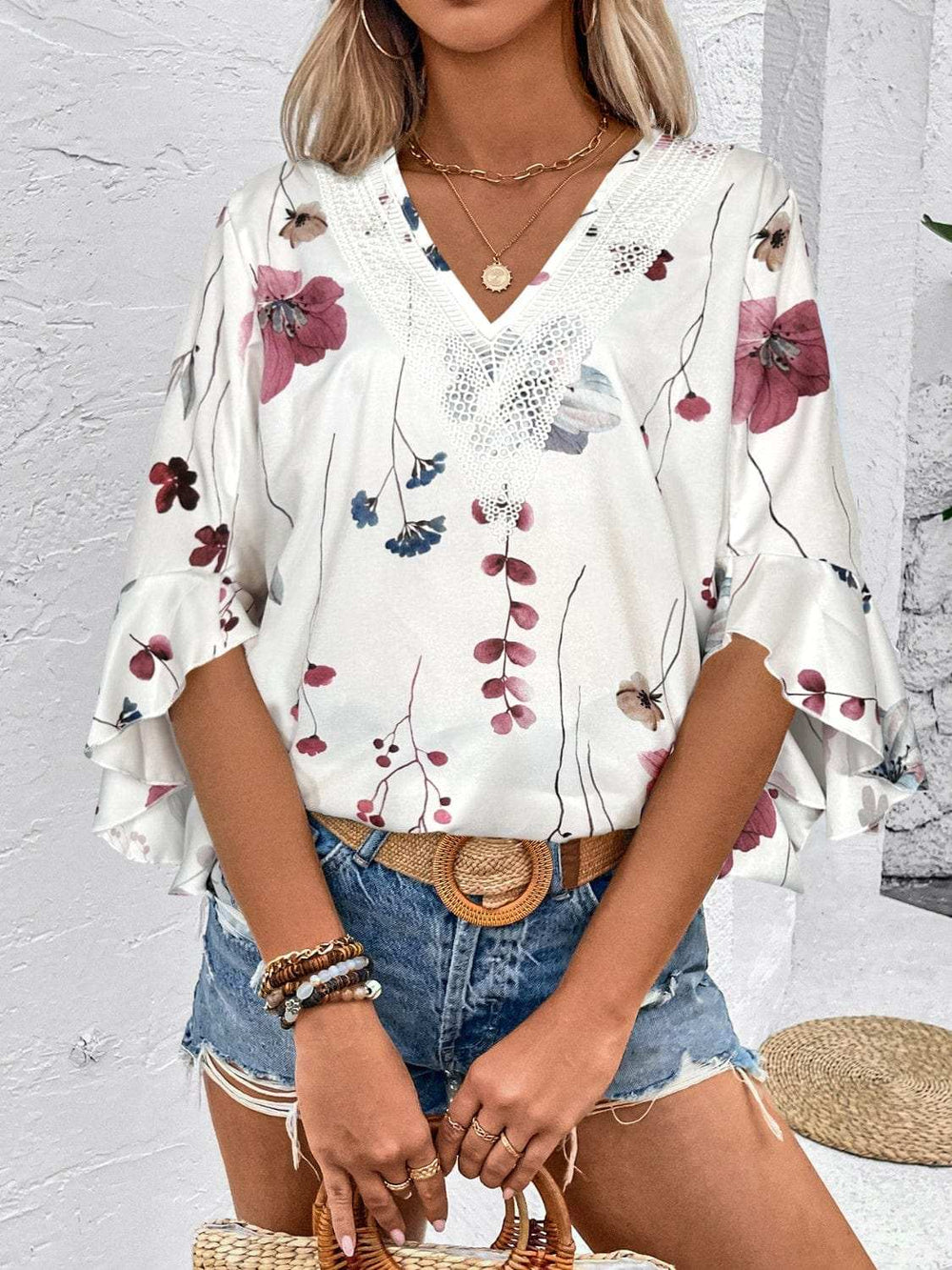 Ruffled Printed V-Neck Half Sleeve Blouse - Trendsi - Flyclothing LLC