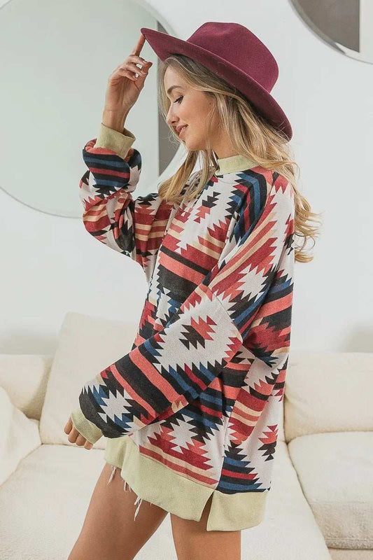 BiBi Aztec Print Mirr Mock Neck Lslv Top - Trendsi - Flyclothing LLC