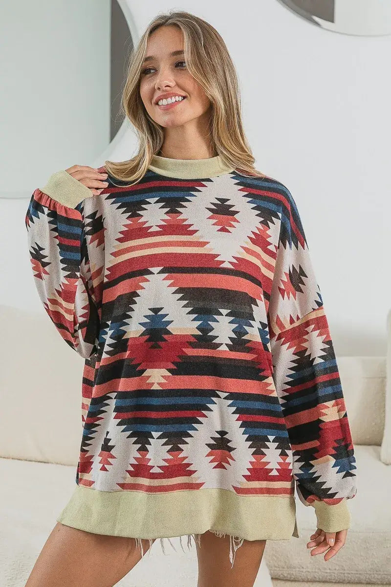BiBi Aztec Print Mirr Mock Neck Lslv Top - Trendsi - Flyclothing LLC