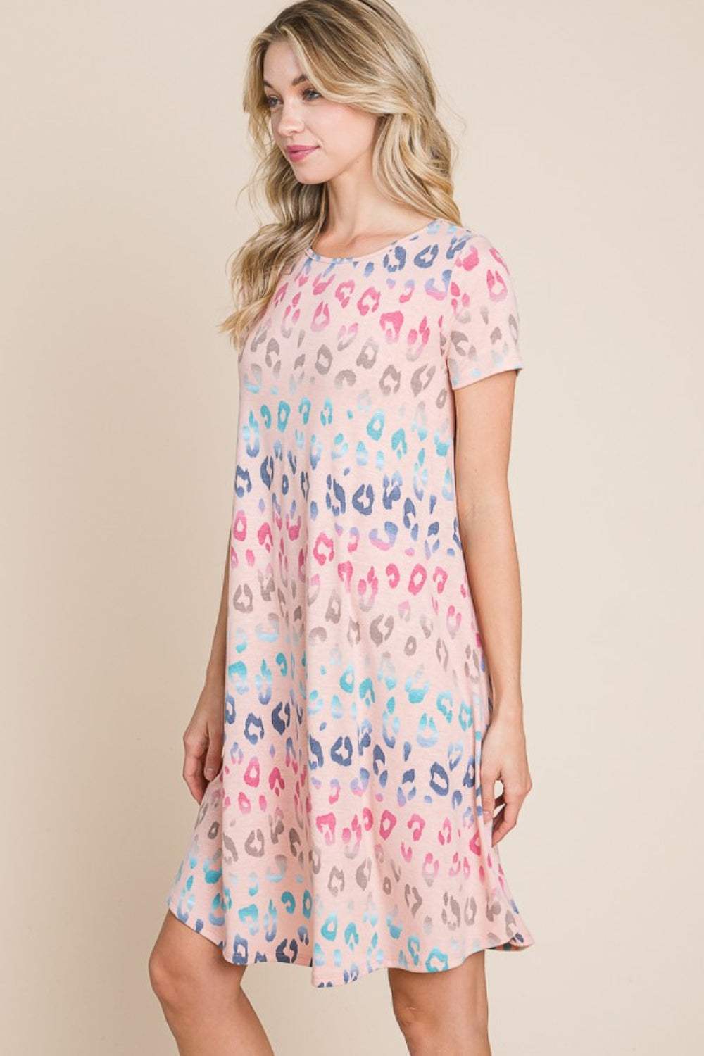 BOMBOM Leopard Round Neck Short Sleeve Dress - Trendsi - Flyclothing LLC