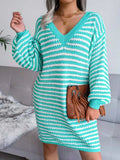 Striped V-Neck Long Sleeve Sweater Dress - Trendsi - Flyclothing LLC