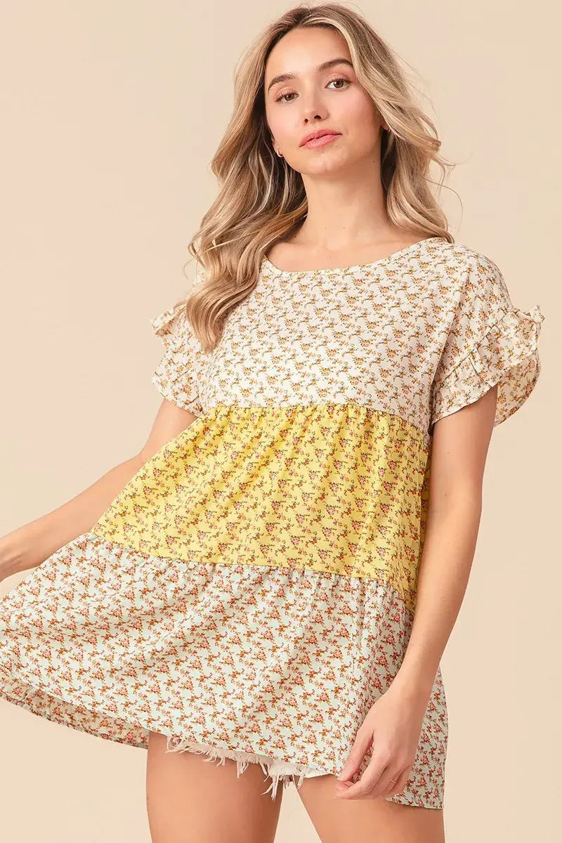 BiBi Flroal Printed Woven Color Block and Tiered Top - Trendsi - Flyclothing LLC
