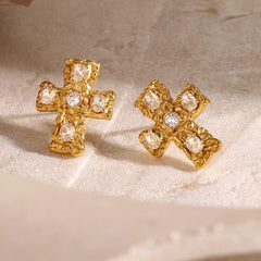 18K Gold-Plated Zircon Cross Earrings - Trendsi