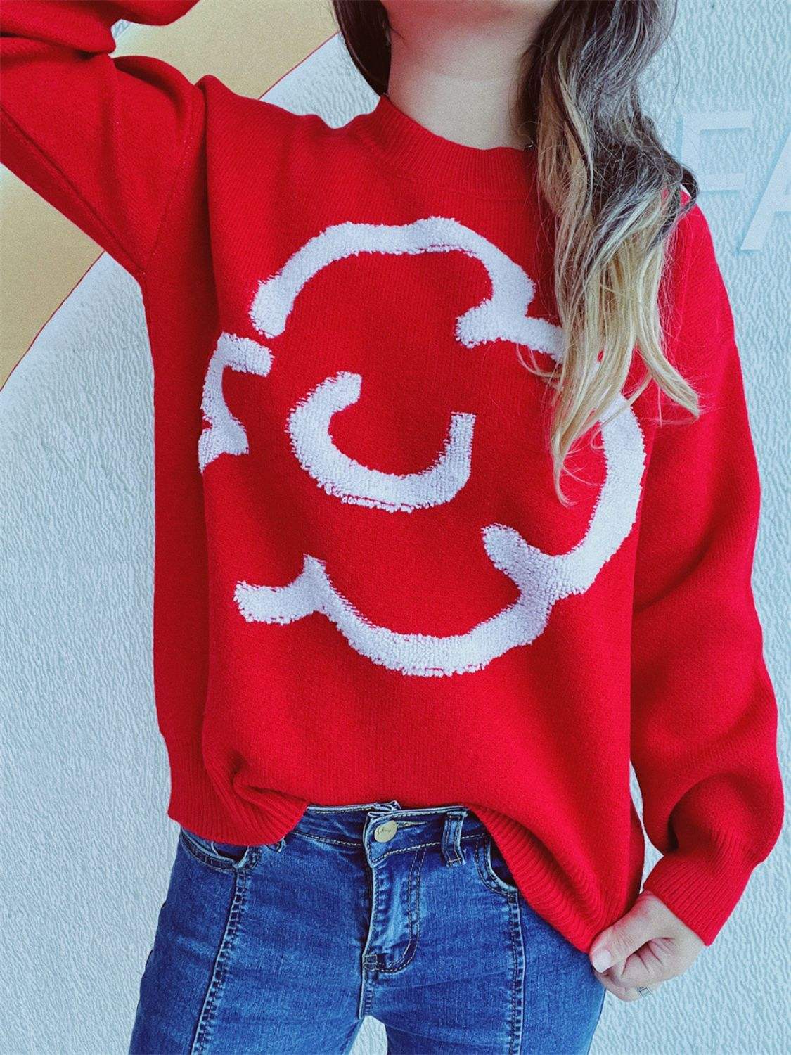 Contrast Round Neck Long Sleeve Sweater - Trendsi - Flyclothing LLC