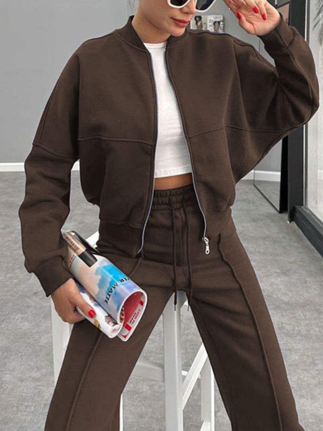 Baseball Collar Zip Up Outerwear and Drawstring Pants Set - Trendsi - Flyclothing LLC