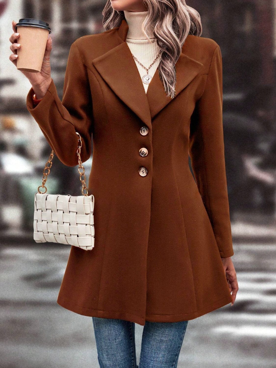 Collared Neck Long Sleeve Longline Coat - Trendsi