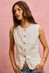 SO ME Scalloped Edge Cotton Twill Washed Vest Top - Trendsi - Flyclothing LLC