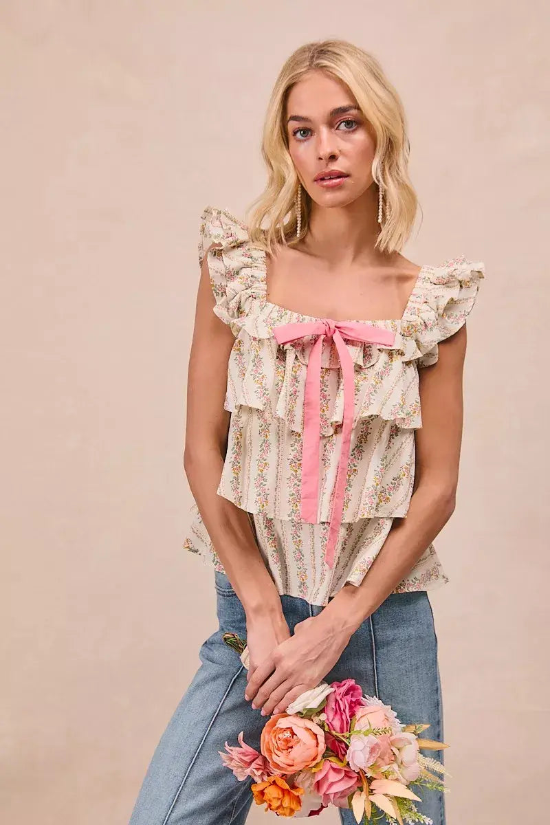 BiBi Floral Printed Woven Front Bow Tied Ruffled Square Neck Sleeveless Top - Trendsi - Flyclothing LLC