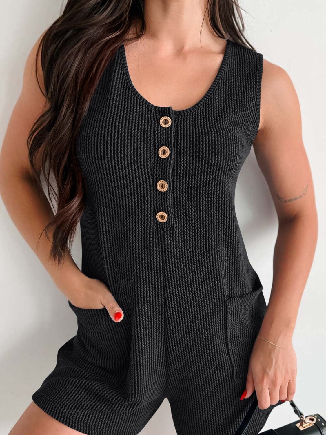 Lovelet Texture Wide Strap Romper with Pockets - Trendsi