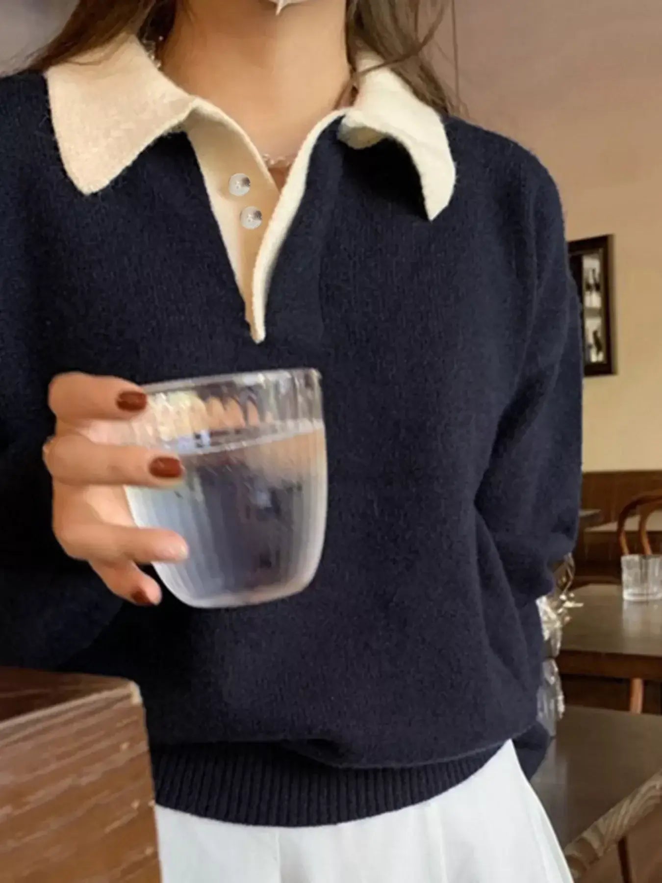 Polo Collar Dropped Shoulder Sweater - Trendsi - Flyclothing LLC