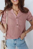 Textured Embroidered Half Buttons Short Sleeve Blouse - Trendsi - Flyclothing LLC