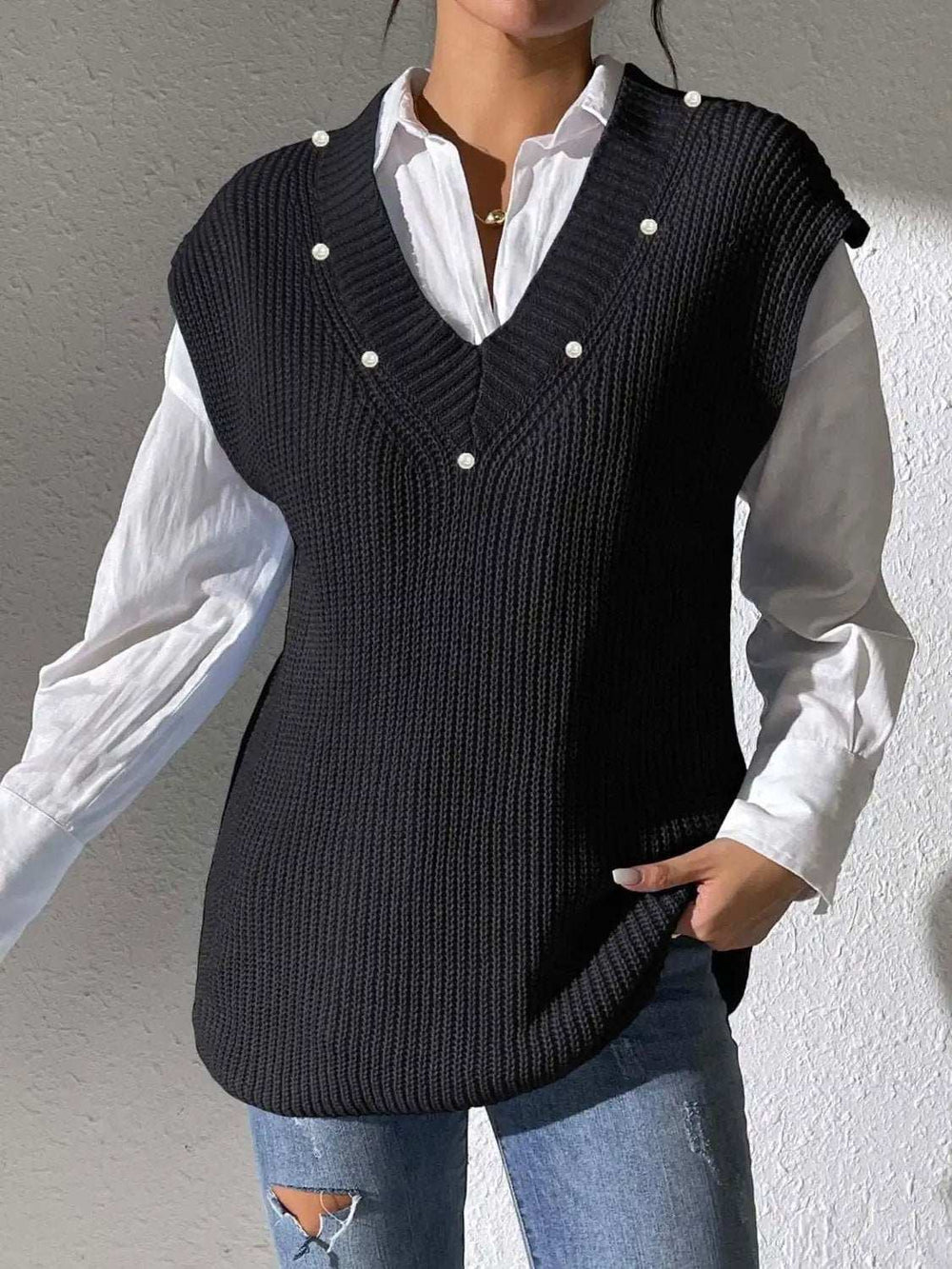 Pearl Trim V-Neck Sweater Vest - Trendsi - Flyclothing LLC