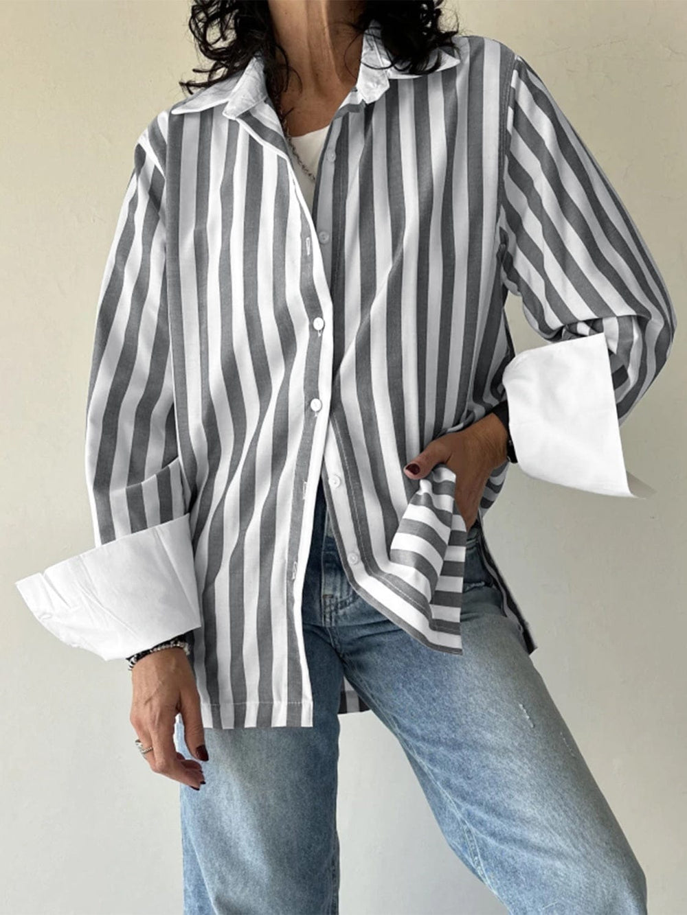 Striped Collared Neck Long Sleeve Shirt - Trendsi