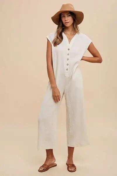 Annie Wear Button Detail Wide Leg Jumpsuit with Pockets - Trendsi - Flyclothing LLC