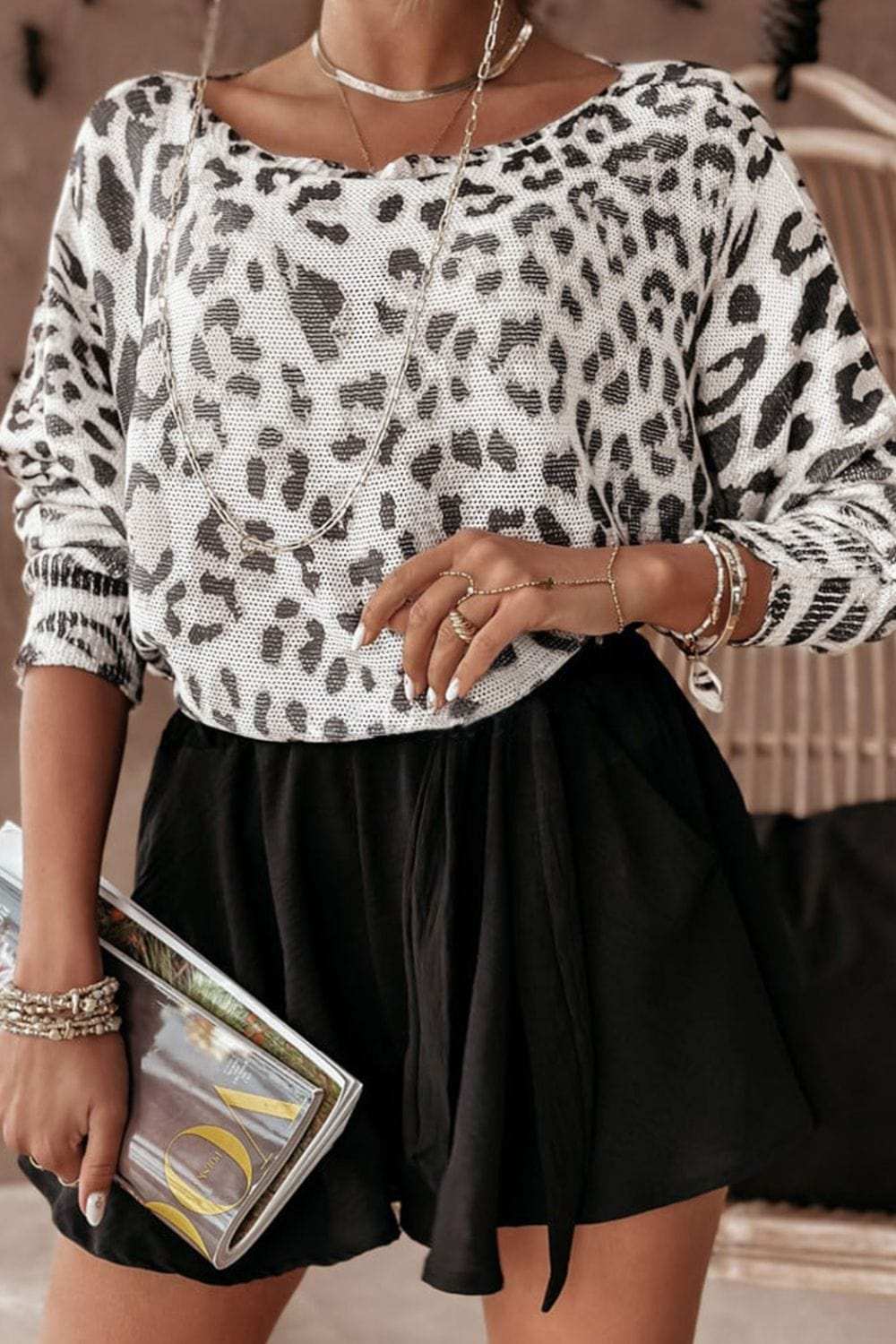 Leopard Boat Neck Long Sleeve Knit Top - Trendsi - Flyclothing LLC