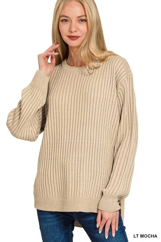 Zenana Curved Hem Two-Tone Ribbed Sweater - Trendsi - Flyclothing LLC