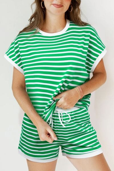 Striped Round Neck Short Sleeve Top and Shorts Set - Trendsi