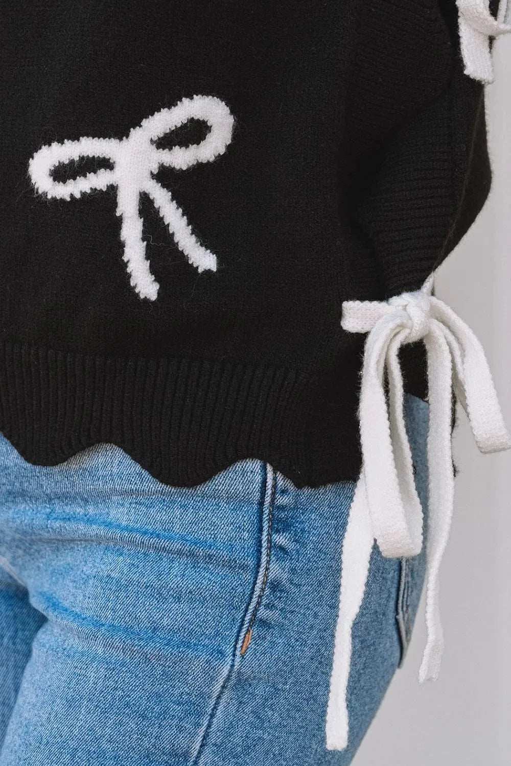 Bow Side Ties Scalloped Hem Cap Sleeve Sweater - Trendsi - Flyclothing LLC