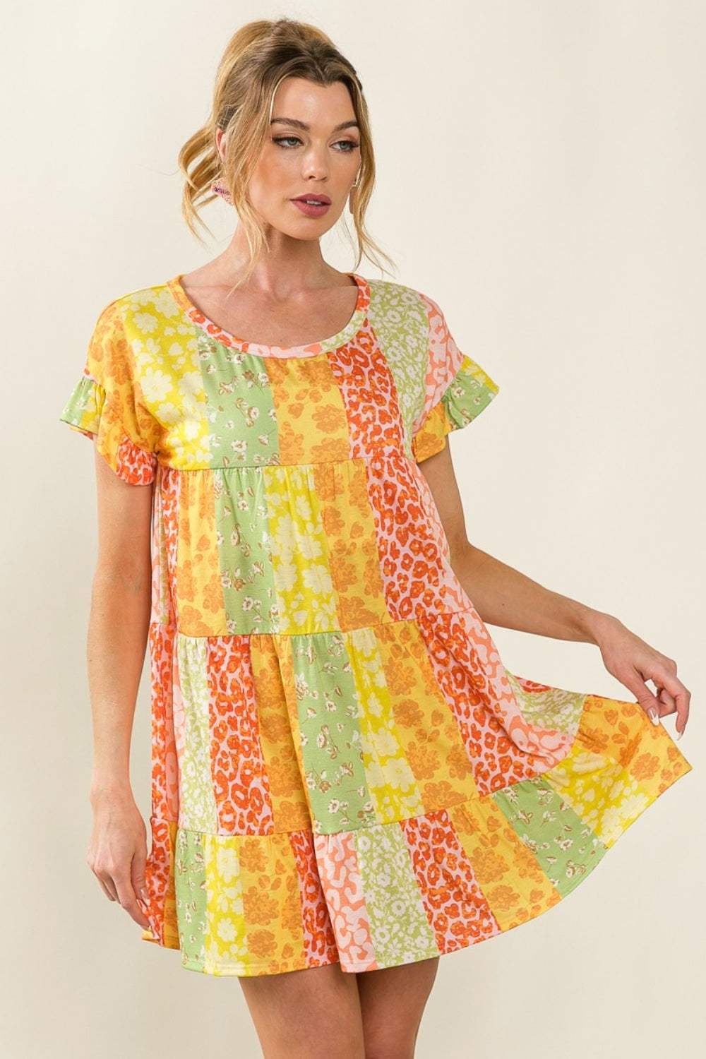BiBi Leopard Short Sleeve Tiered Dress - Trendsi - Flyclothing LLC