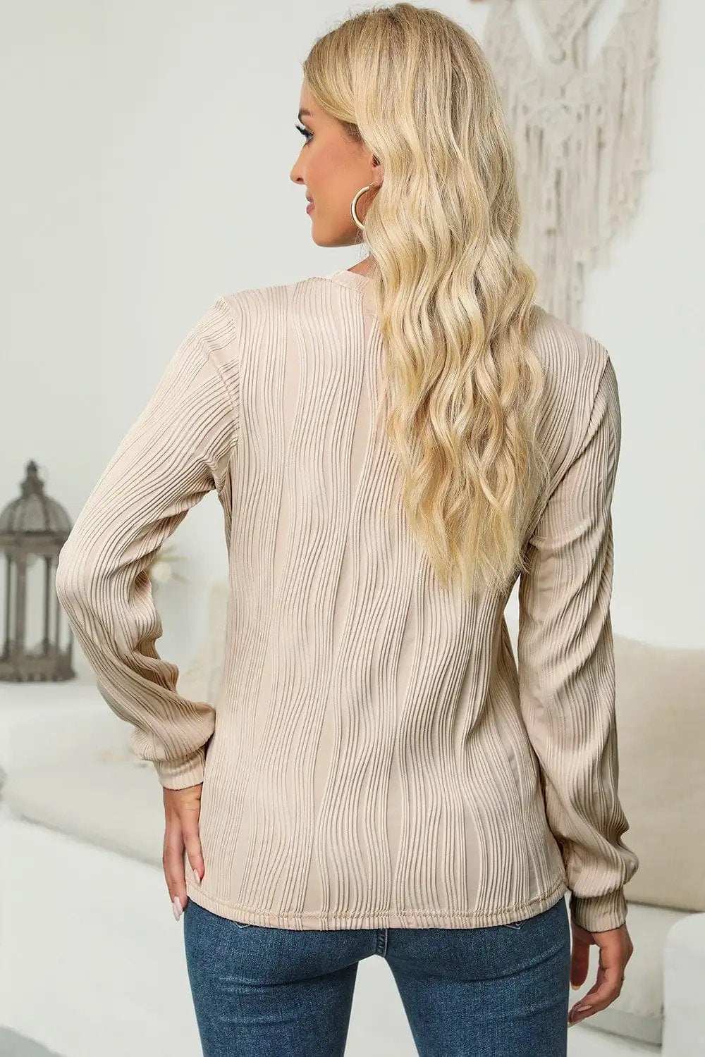 Textured Round Neck Long Sleeve Blouse - Trendsi - Flyclothing LLC