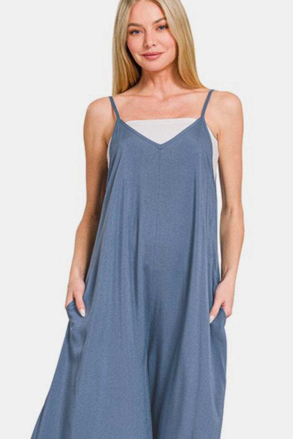 Zenana Spaghetti Strap Wide Leg Overalls with Pockets - Trendsi - Flyclothing LLC