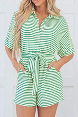 Striped Half Sleeve Tie Waist Romper - Trendsi - Flyclothing LLC