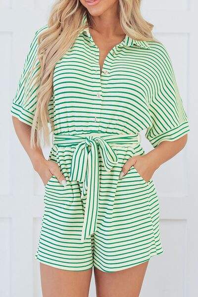 Striped Half Sleeve Tie Waist Romper - Trendsi - Flyclothing LLC