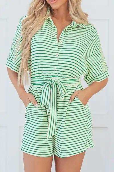 Striped Half Sleeve Tie Waist Romper - Trendsi - Flyclothing LLC