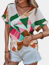 Printed V-Neck Short Sleeve Blouse - Trendsi - Flyclothing LLC