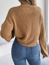 Cable-Knit Round Neck Drop Shoulder Sweater - Trendsi - Flyclothing LLC