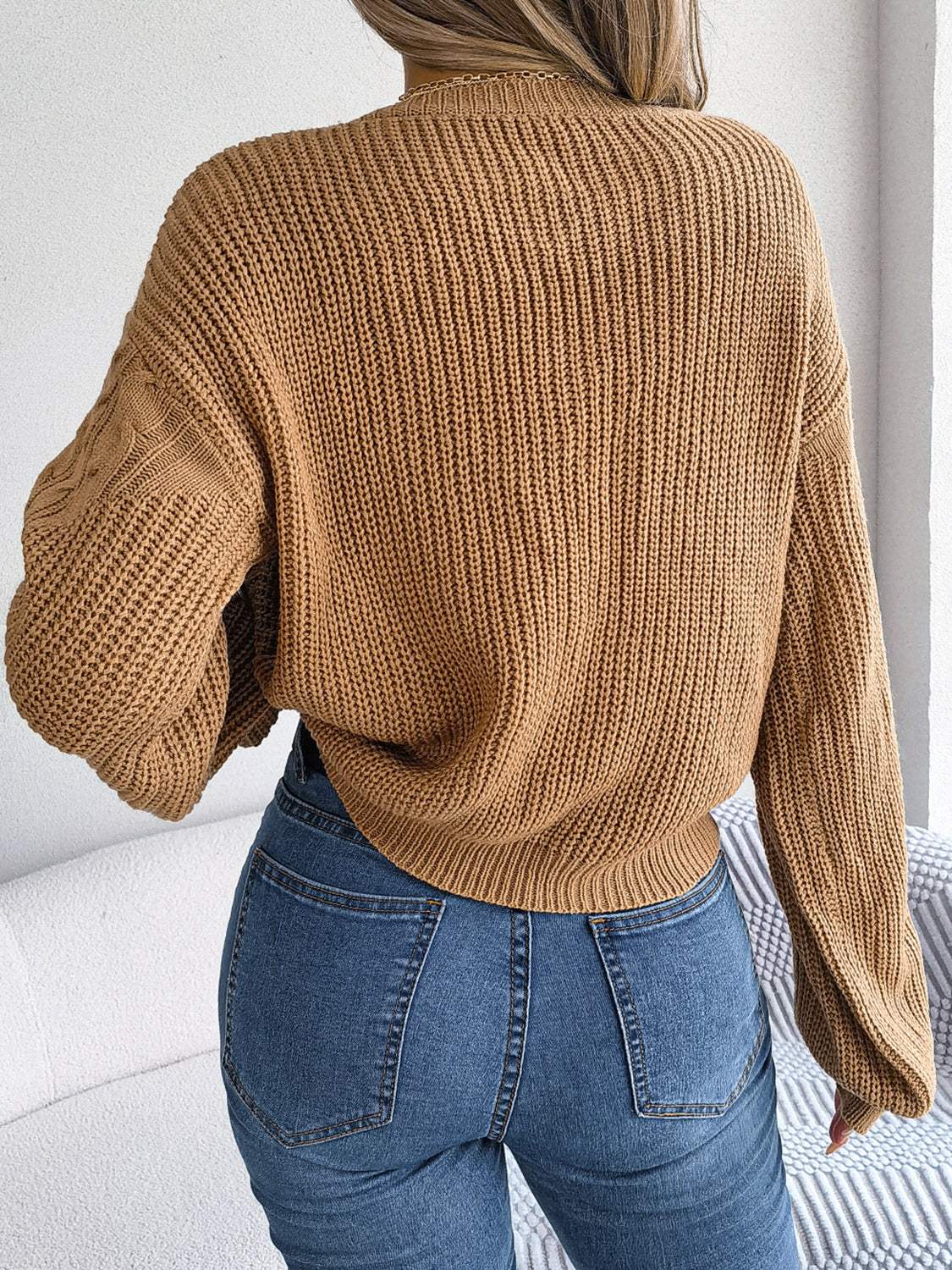 Cable-Knit Round Neck Drop Shoulder Sweater - Trendsi - Flyclothing LLC