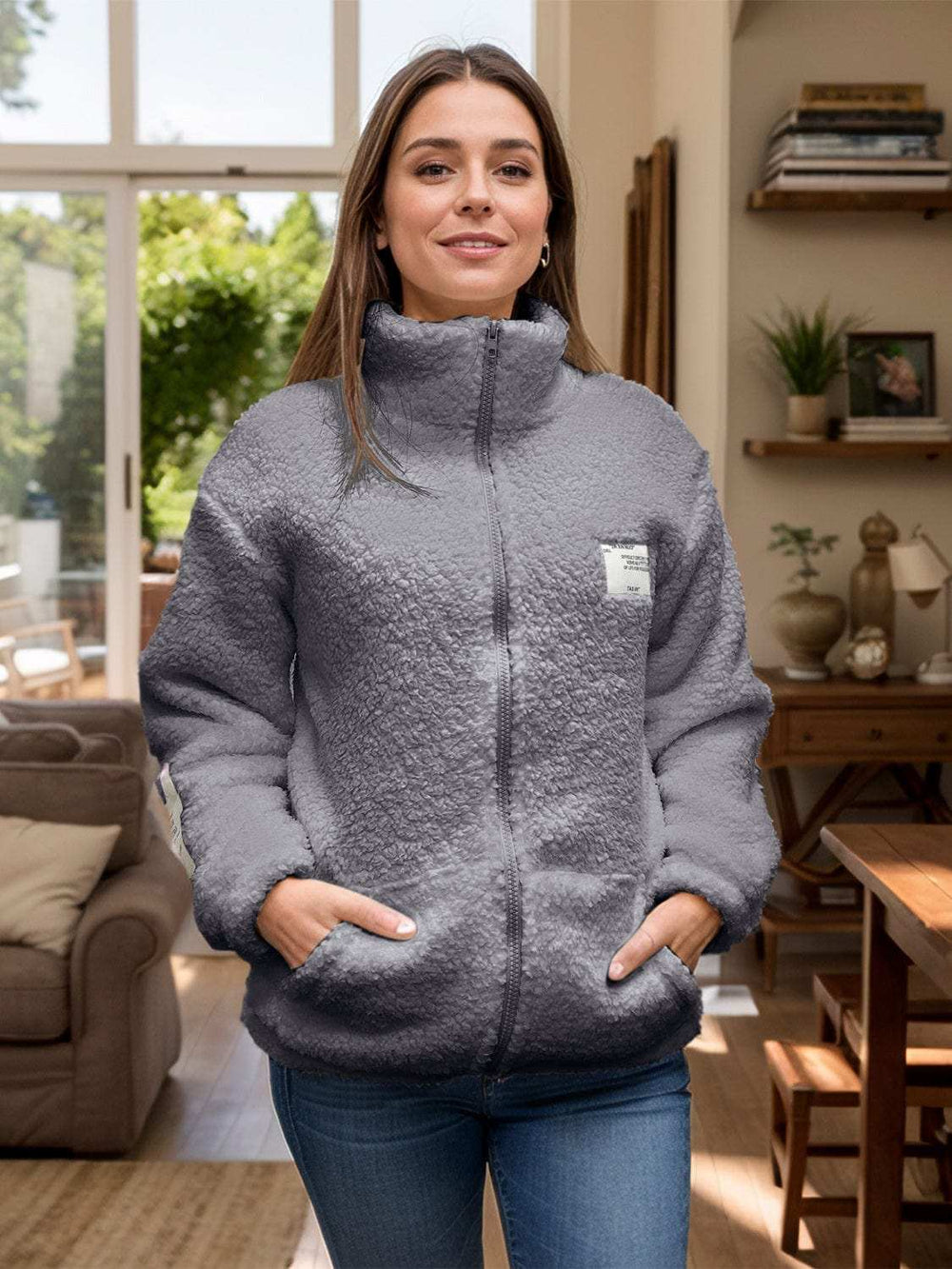 Full Size Turtleneck Zip Up Long Sleeve Sherpa Jacket - Trendsi - Flyclothing LLC