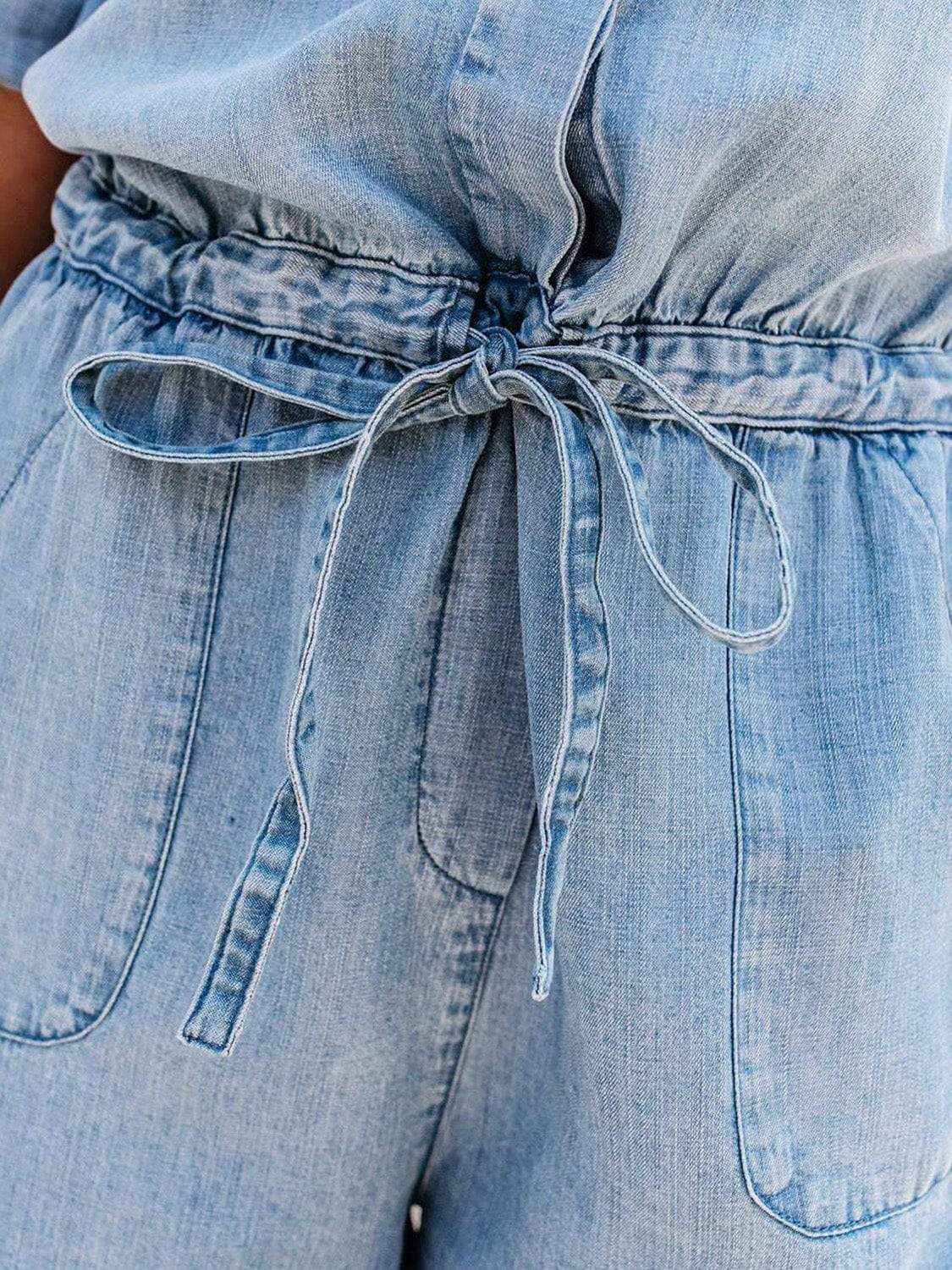 Drawstring Half Button Half Sleeve Denim Romper - Trendsi - Flyclothing LLC