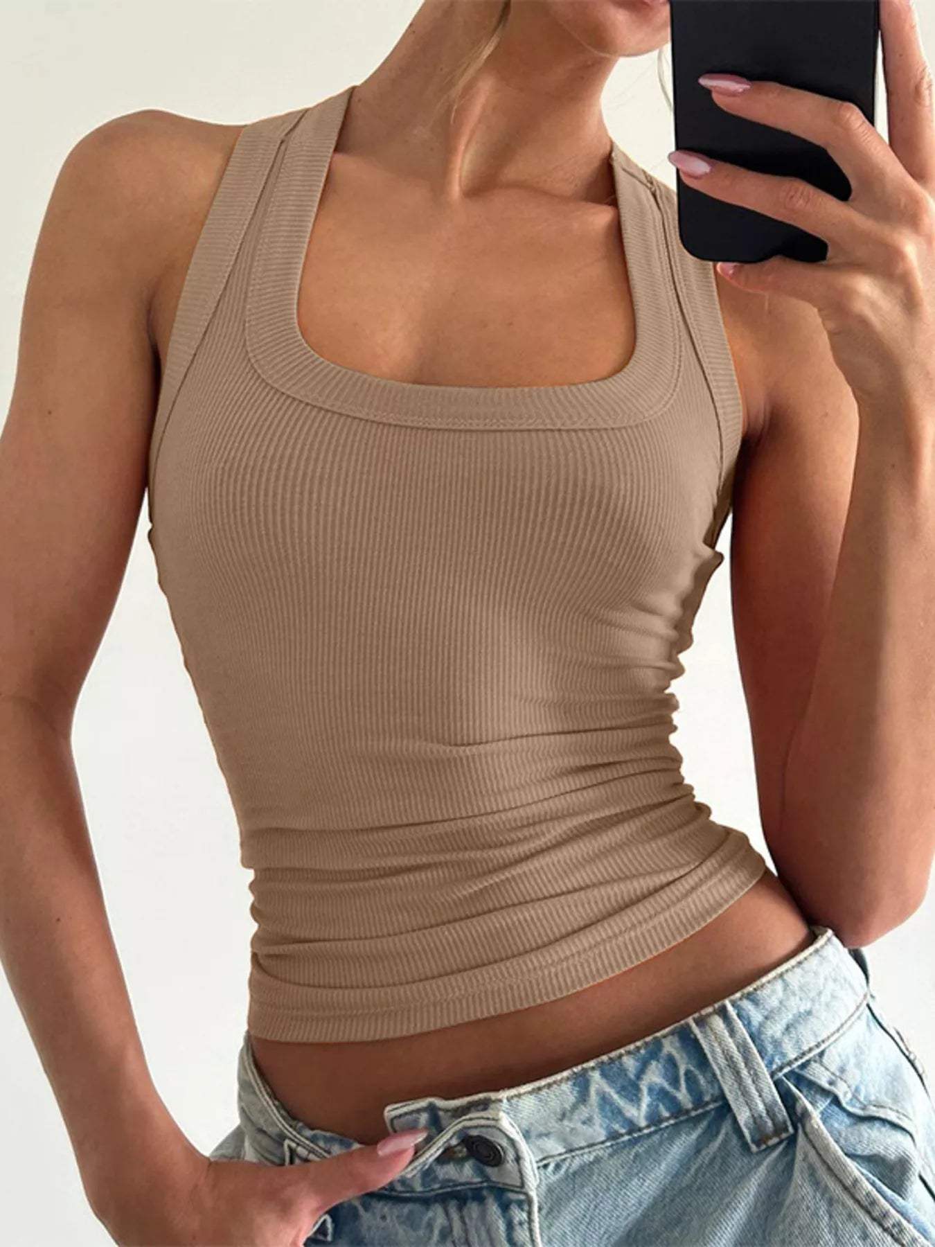 Ribbed Square Neck Tank Top - Trendsi - Flyclothing LLC