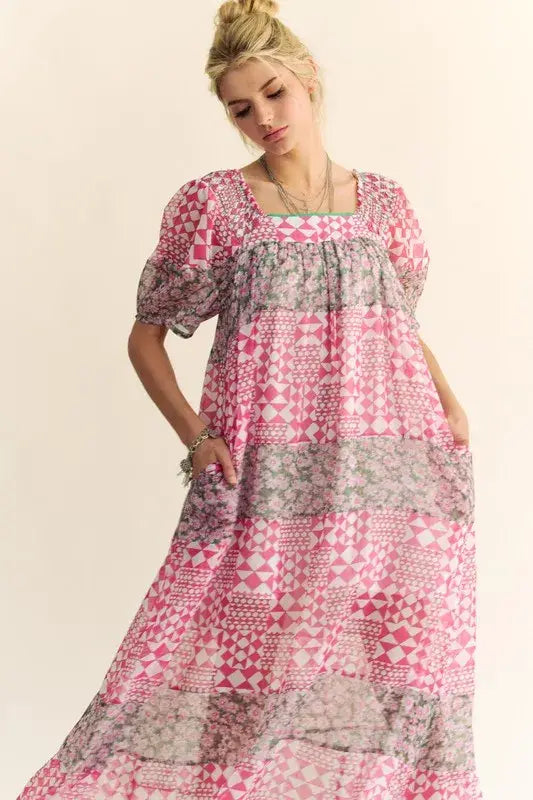 Davi & Dani Multi Floral Square Neck Puff Sleeve Maxi Dress - Trendsi - Flyclothing LLC